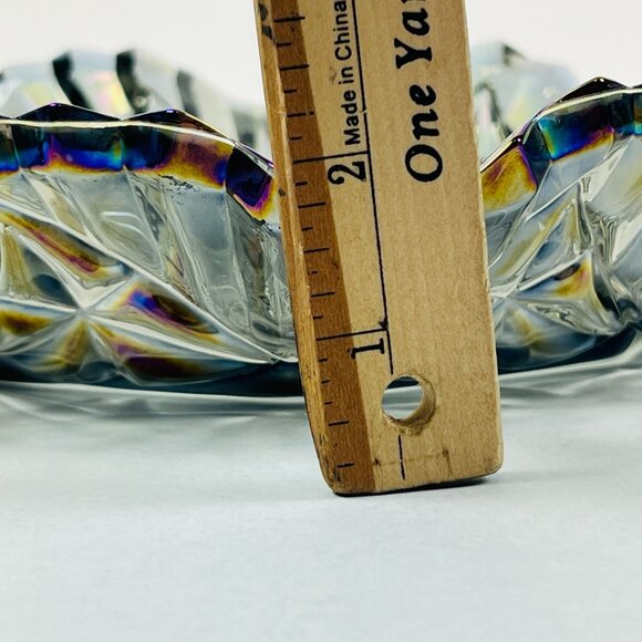 Vintage Carnival Glass Fruit Bowl Iridescent Clear Gray Scalloped Diamond Rim - Picture 10 of 10